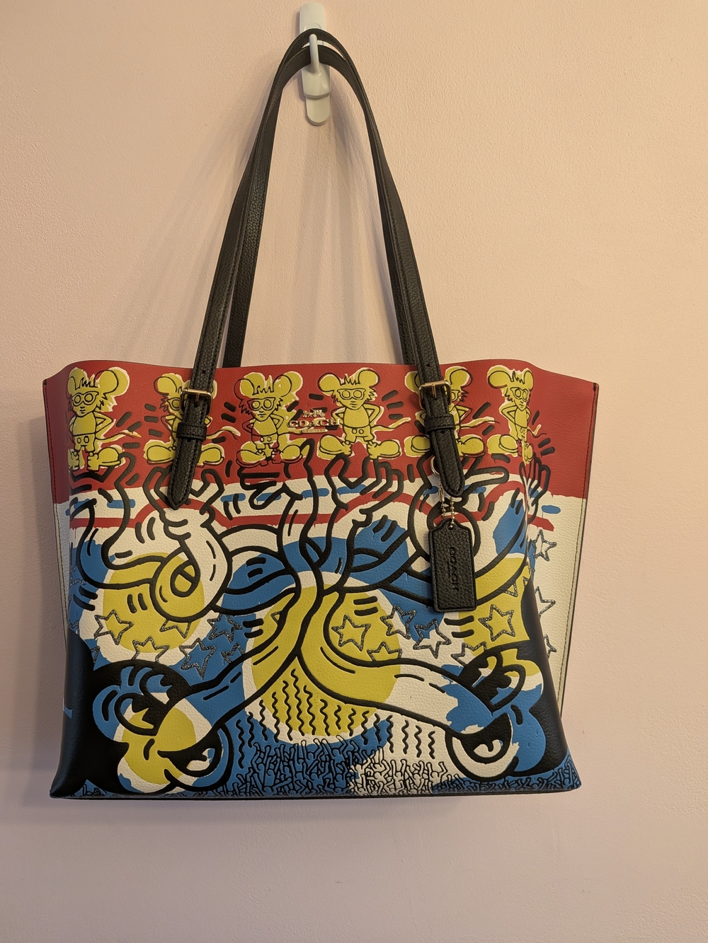 Coach Mickey Mouse x Keith Haring Abstract Pop-Art Tote Bag in Red, Yellow, Blue